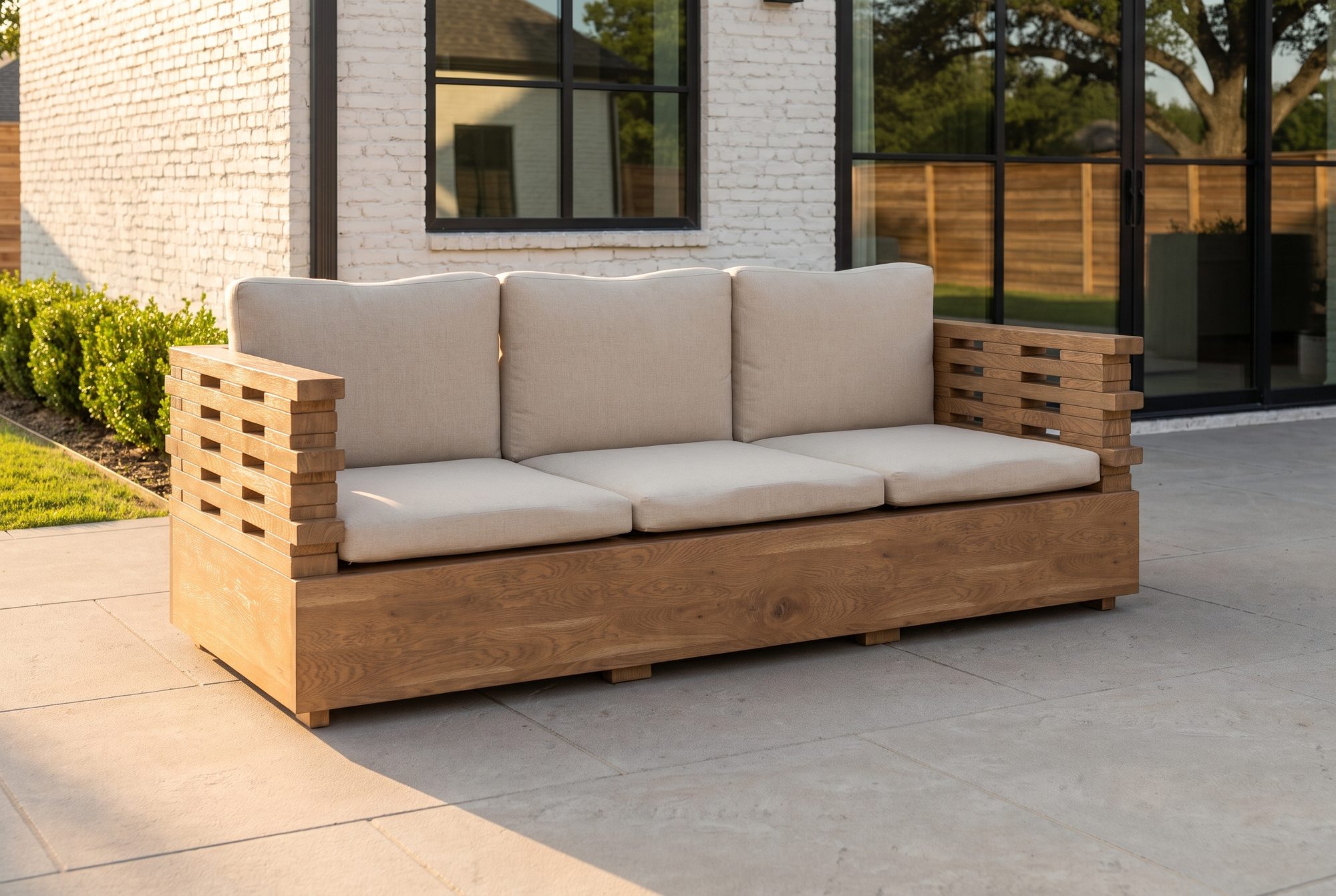 The Stack Sofa in honey-oiled cedar with linen cushions on a backyard patio
