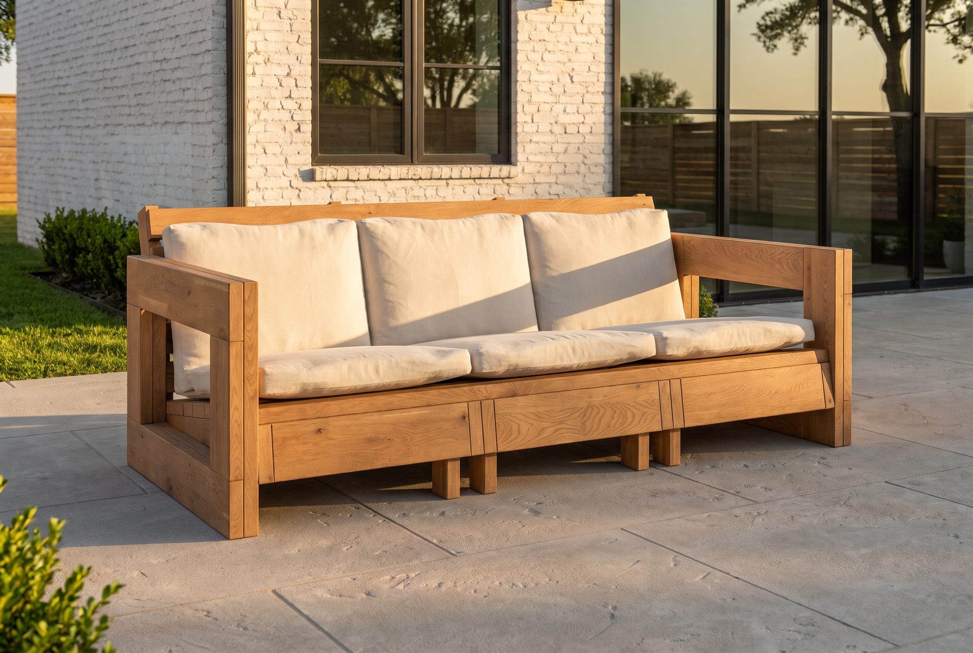 The Ring Sofa in honey-oiled cedar with linen cushions on a backyard patio